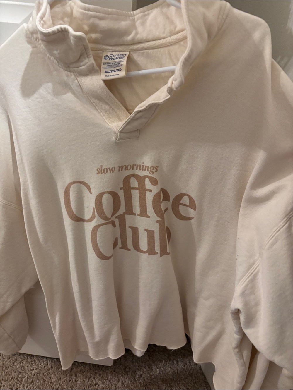 Slow Mornings Coffee Club Graphic pullover v neck   - Cream with Tan Print